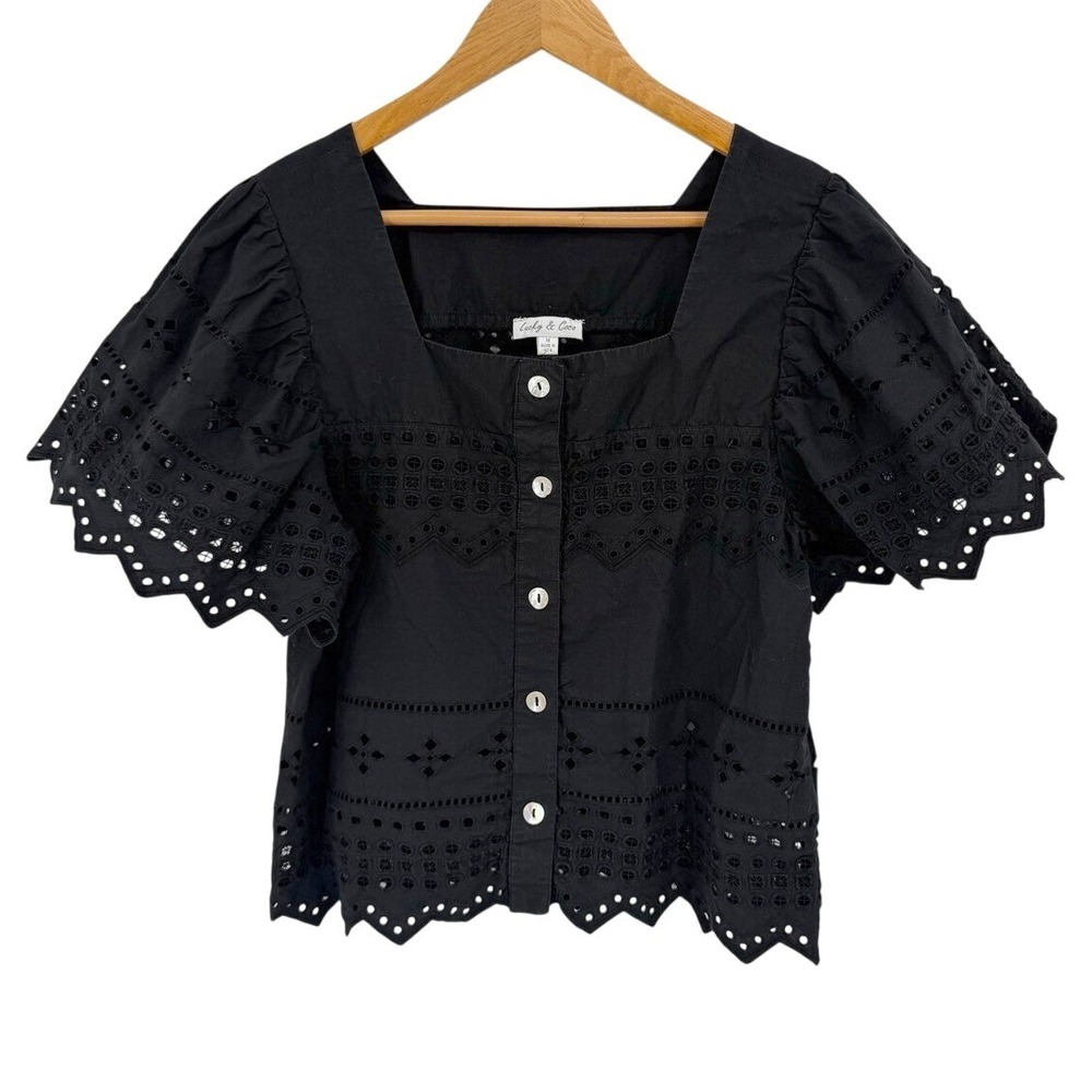 Lucky & Coco Womens Medium Blouse Black Eyelet Puff Sleeve Square Neck Top Boho